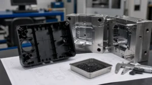 Injection molded plastic housing beside steel mold inserts and resin pellets on a clean engineering table.