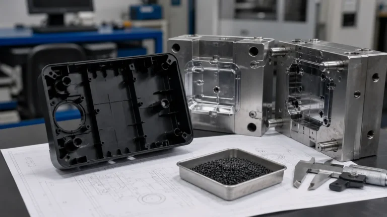 Injection molded plastic housing beside steel mold inserts and resin pellets on a clean engineering table.
