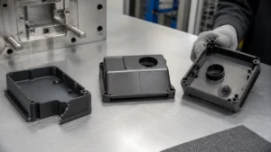Three molded plastic housings showing an incomplete corner, a weld line, and a localized burn mark beside a mold insert.