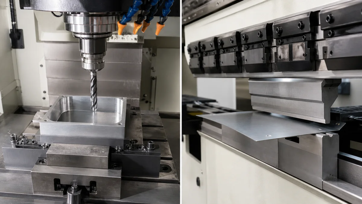 Cutter Access and Bend Setup CNC cutter approaching a deep pocket beside sheet positioned in press brake tooling.