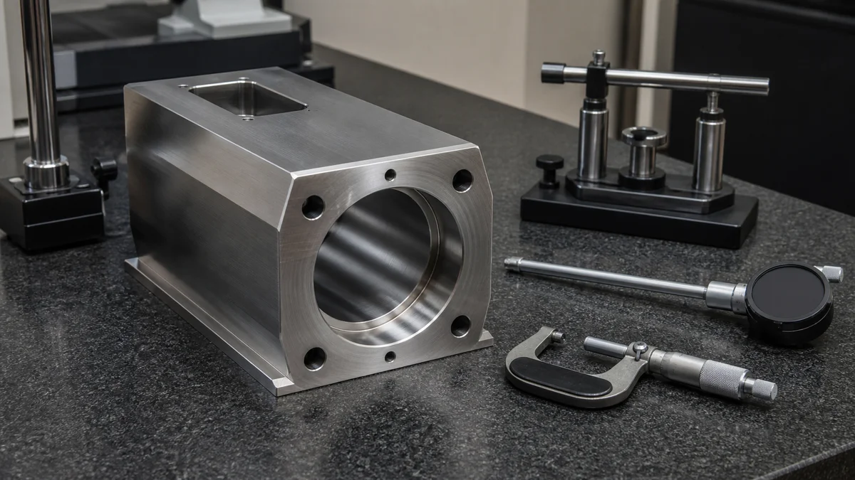 A machined stainless steel housing positioned with gauges for bore, face, and datum-related inspection.