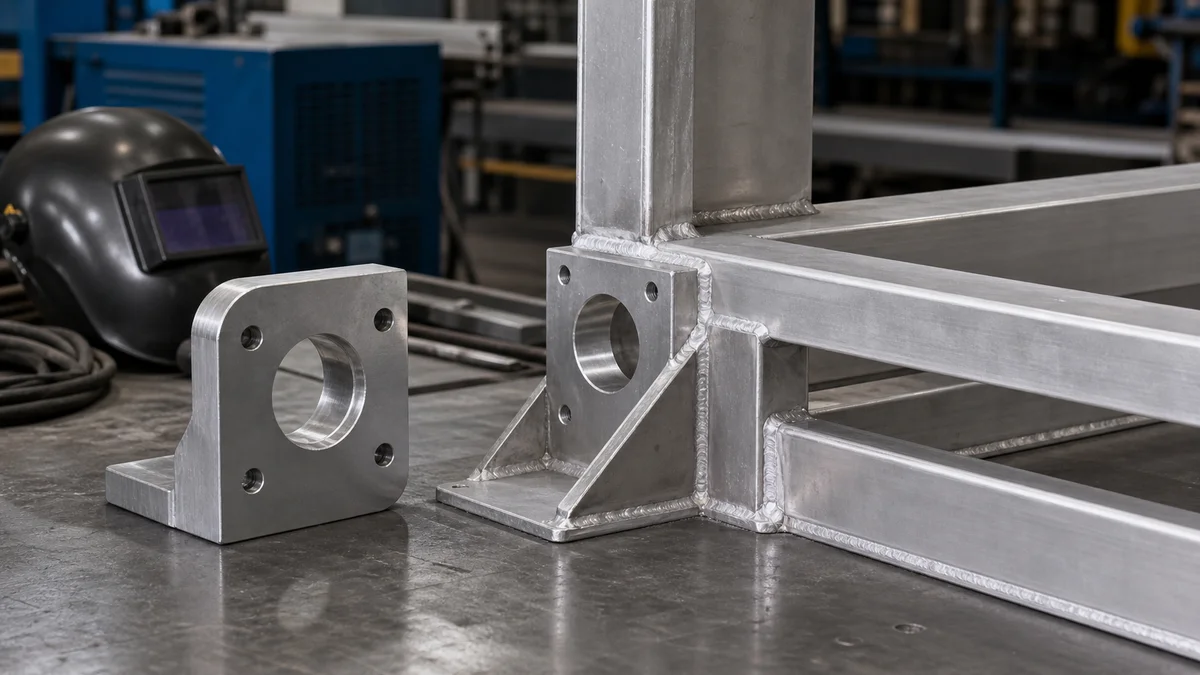 Machined Block and Welded Frame Machined aluminum mounting block positioned beside a completed welded aluminum frame.