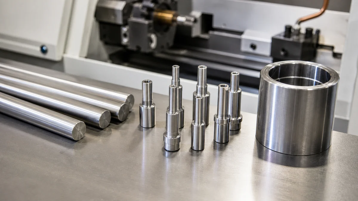 Straight bar stock and small turned parts with varied shoulders beside a guide-bushing setup.