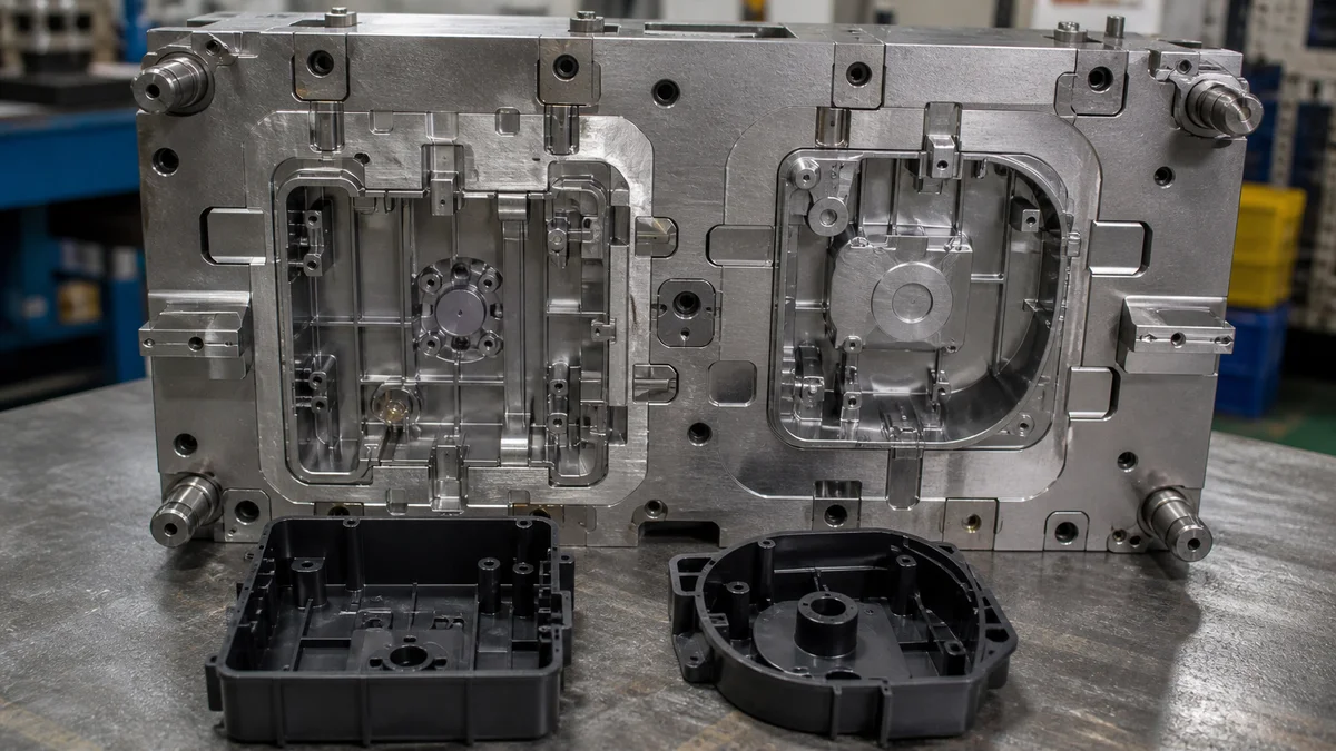 Family mold insert with two different housing cavities, ribs, bosses, gate areas, and matching molded parts.
