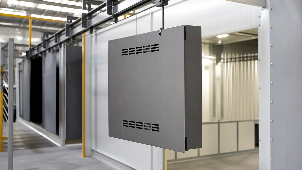 Folded sheet metal enclosure hanging from a rack with visible vent openings and coating access.