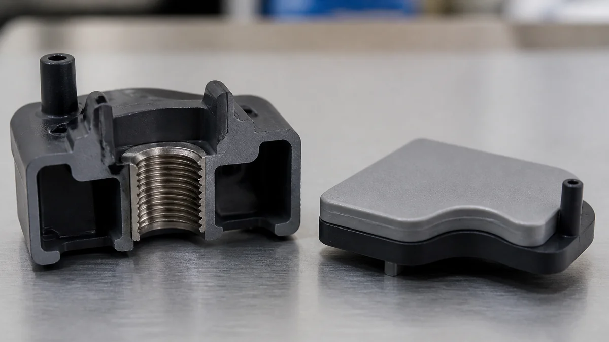 Cutaway molded part with an embedded metal insert beside a rigid part with a second elastomer layer.