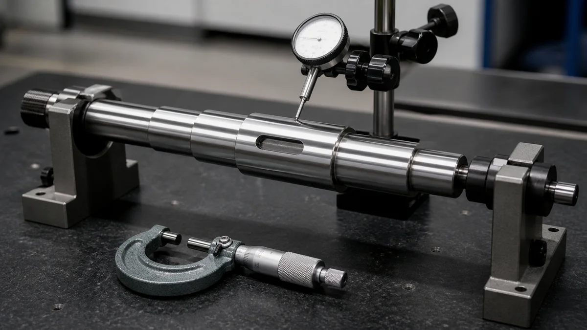 Shaft Form Inspection Precision shaft supported for form inspection with an indicator and micrometer nearby.