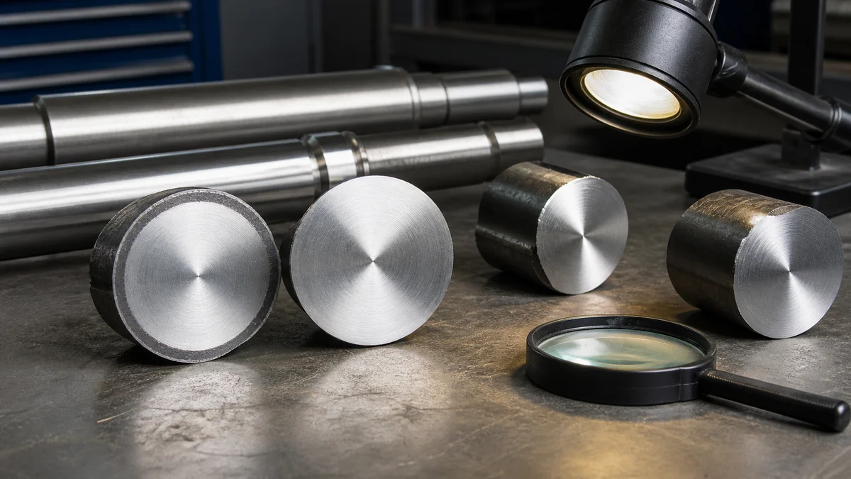 Polished cross sections of steel shafts showing contrasting outer and deeper treated regions under inspection lighting.