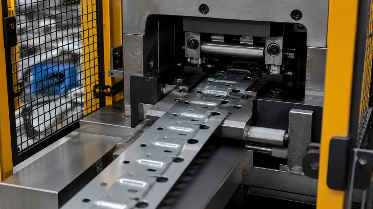 High-Speed Strip Feed Repeated formed features on metal strip entering a guarded progressive die feed.