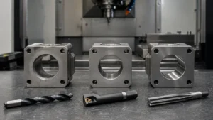 Machined metal blocks with precision holes beside a drill, boring tool, and reamer on an inspection bench.