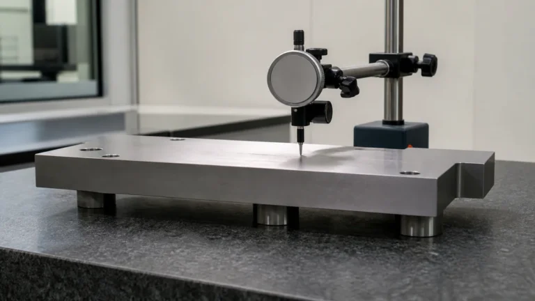Machined metal plate being checked with an indicator on a clean inspection table.