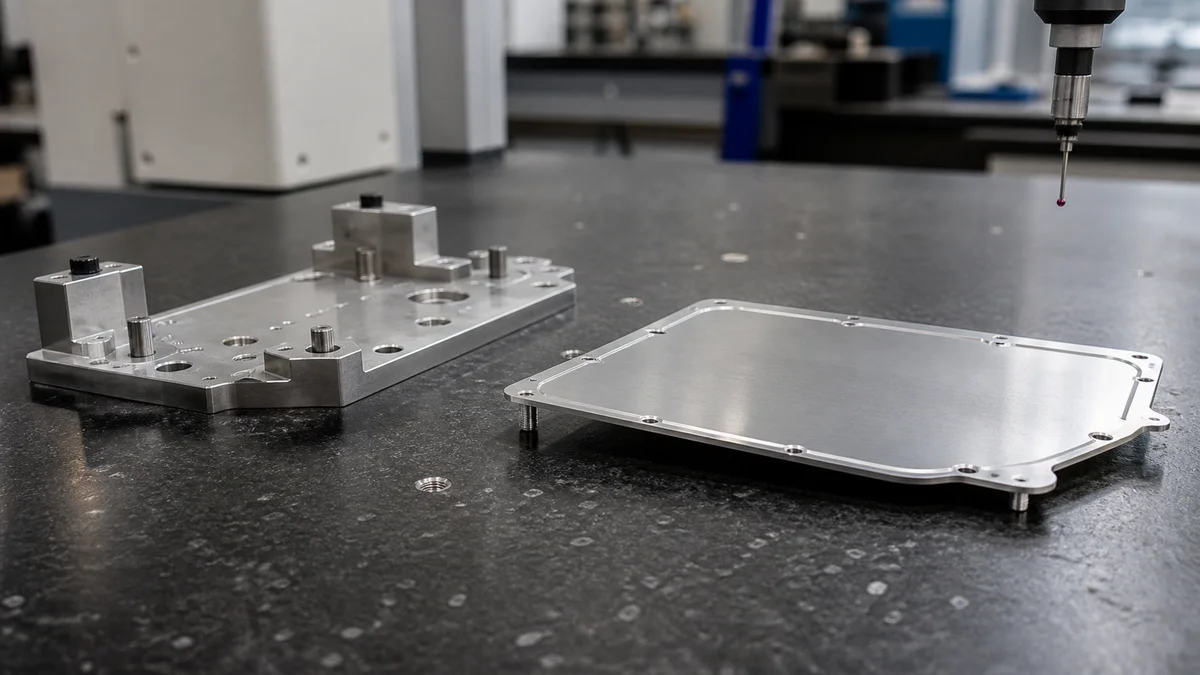 Thin machined cover measured on support points after removal from its fixture.
