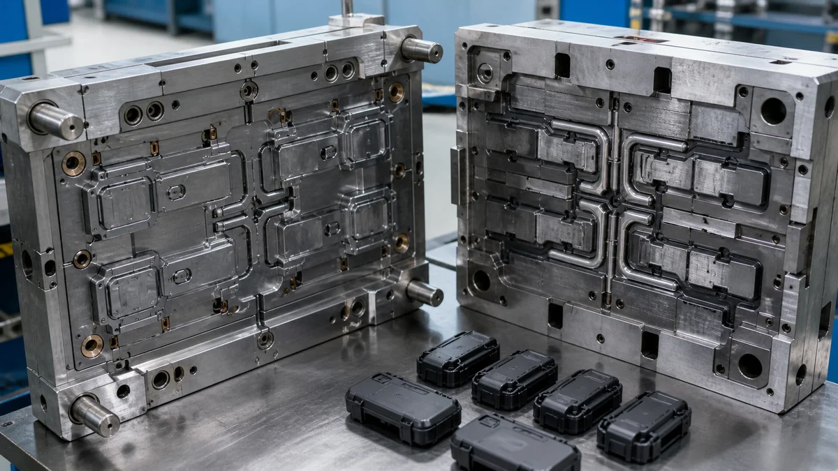 Open multi-cavity mold showing runners, gates, parting surfaces, and fine vent features.