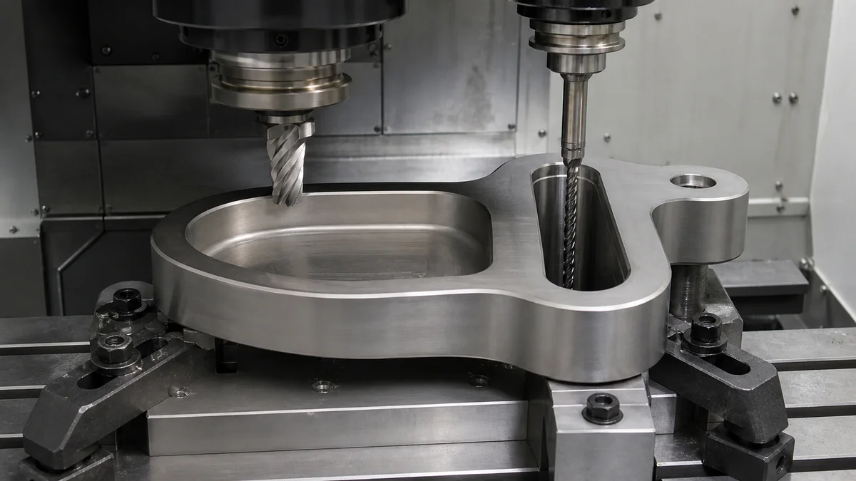 Titanium workpiece with shallow and deep pockets illustrating different milling-tool access requirements.