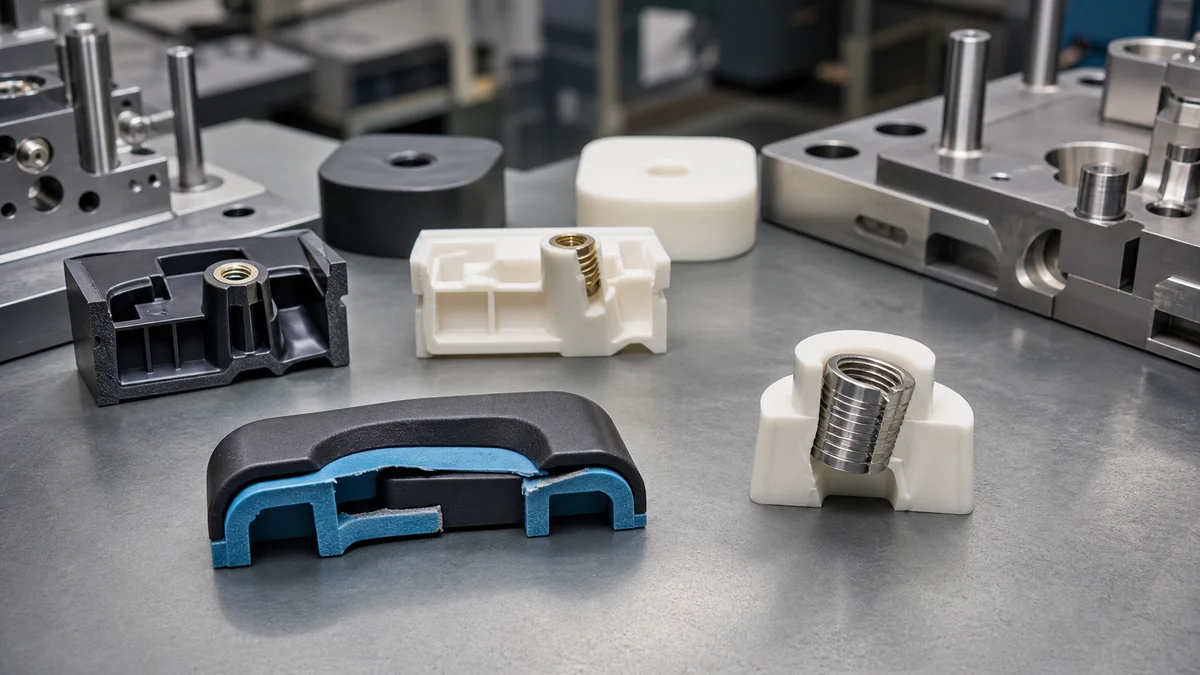 Sectioned molded samples showing an overmold edge separation and a displaced insert beside intact parts.