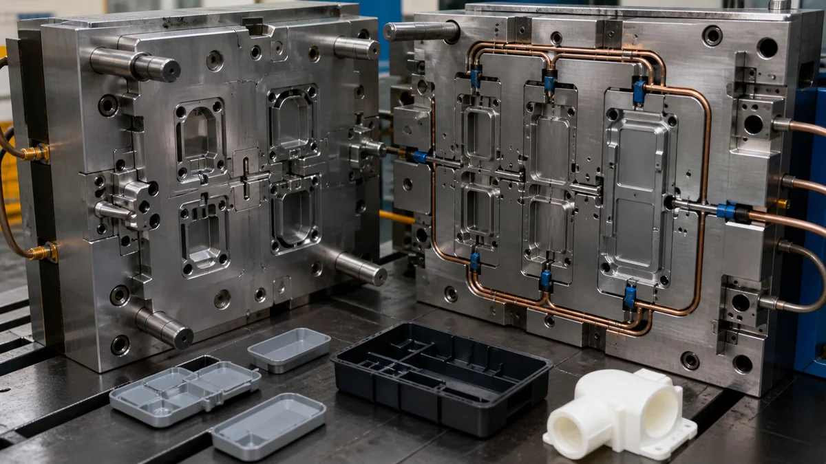 Open injection mold showing runner paths, gate regions, cooling connections, and molded samples.