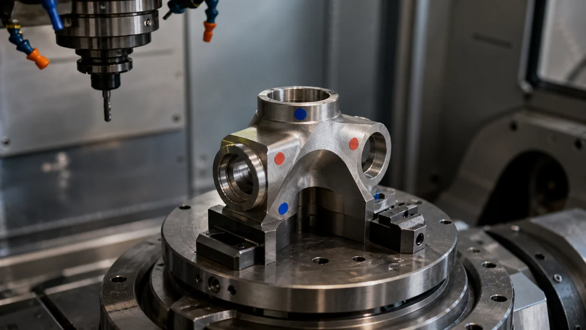 Titanium component held in one rotary setup for machining features on several faces.