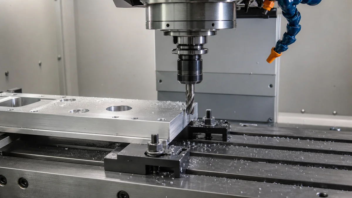 CNC cutter positioned near the exit edge of a clamped aluminum workpiece.