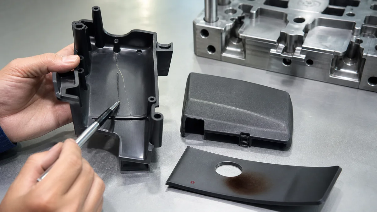 Three Molded Defect Types Three molded plastic samples displaying a short shot, weld line, and burn mark.