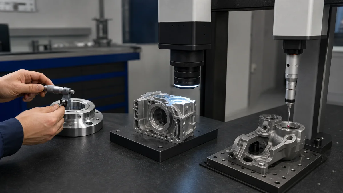 Inspection Method Comparison Three machined parts shown with a micrometer, optical camera, and coordinate measuring probe.