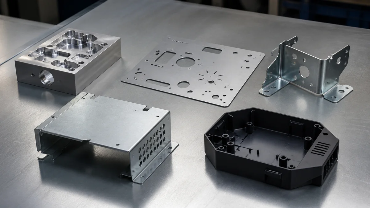 Five Manufacturing Process Samples Machined block, punched blank, stamped bracket, bent enclosure, and molded plastic housing displayed as separate process samples.