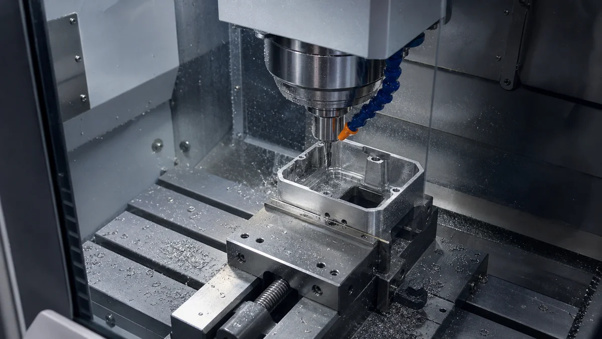 A deep pocket being milled into a stainless steel housing with a thin wall and secure workholding.
