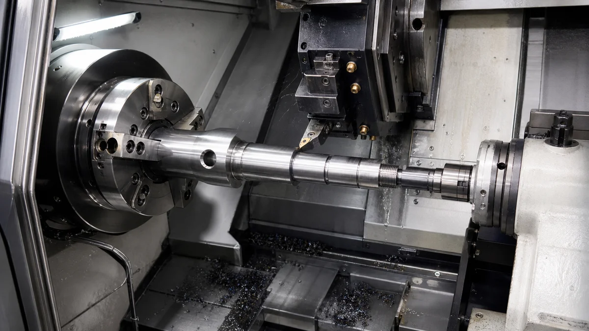 A shouldered alloy-steel shaft with interrupted features being machined inside an enclosed CNC lathe.