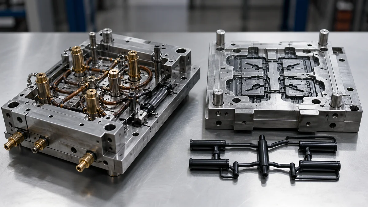 Heated manifold components beside a cold-runner mold insert and solid plastic runner.