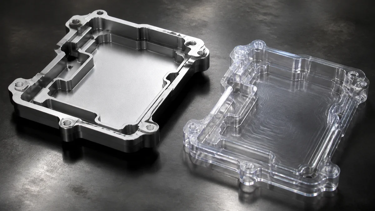 Opaque aluminum and transparent plastic machined covers showing different visible surface textures.