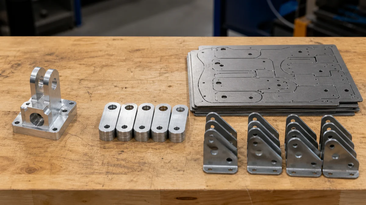 Prototype and Production Batches Machined prototypes and batches displayed beside nested sheet blanks and finished bent brackets.