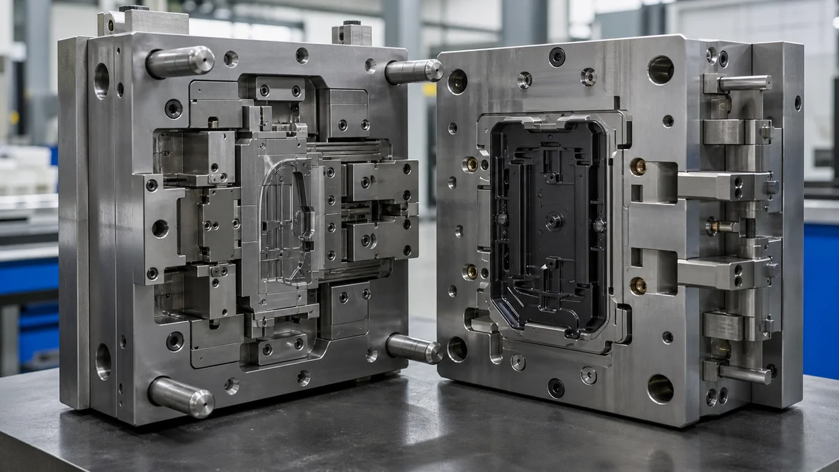 Slider Mold Assembly Open injection mold showing a slider, lifter, shutoff, and core pin around a molded housing.
