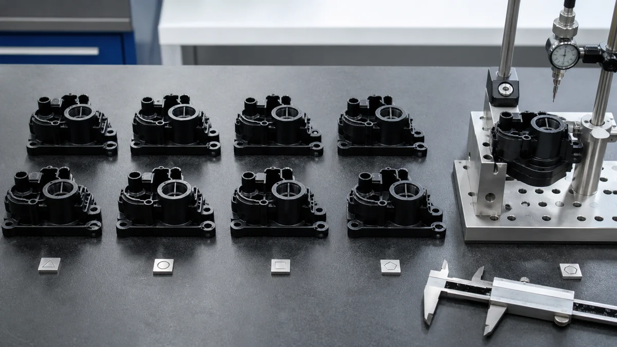 Multiple molded parts arranged for dimensional inspection with a caliper and fixture.