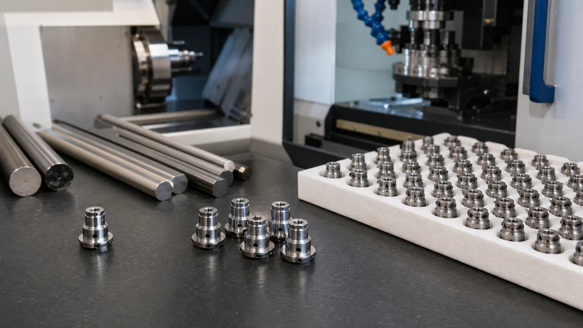Single prototype, small pilot group, and larger tray of repeat precision turned parts.