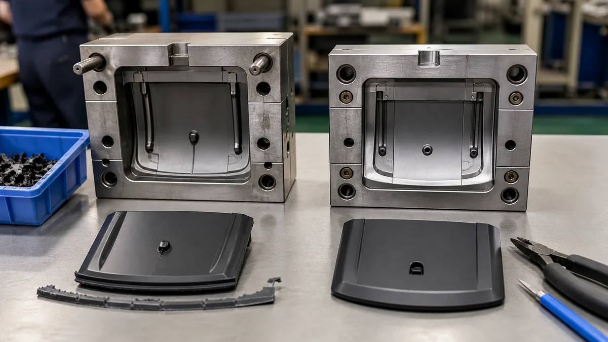 Two injection mold inserts and molded parts showing manual and automatic gate separation arrangements.