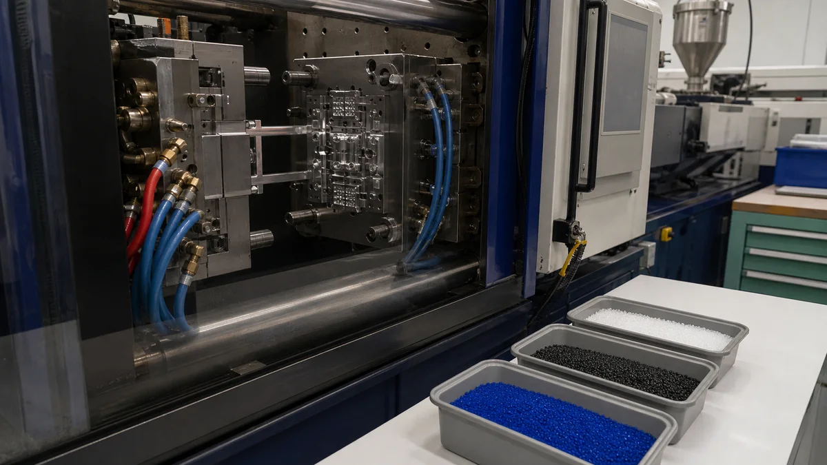 Resin Flow Mold Inserts Three mold inserts and molded flow-path samples arranged with engineering resin pellets.
