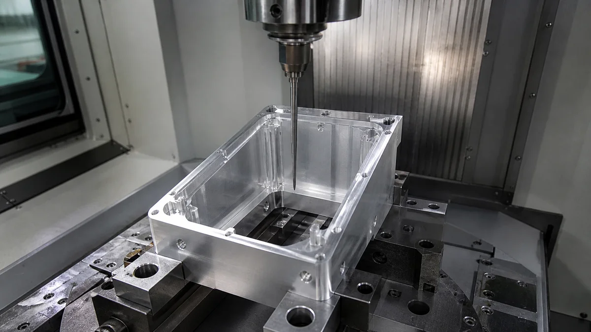 Deep Pocket Finish Access Long-reach cutter approaching the deep pocket of a thin-walled machined housing.