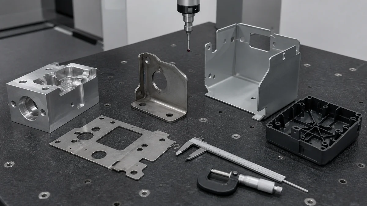 Manufacturing Process Samples CNC machined, turret-punched, stamped, fabricated sheet metal, and molded plastic parts displayed separately.