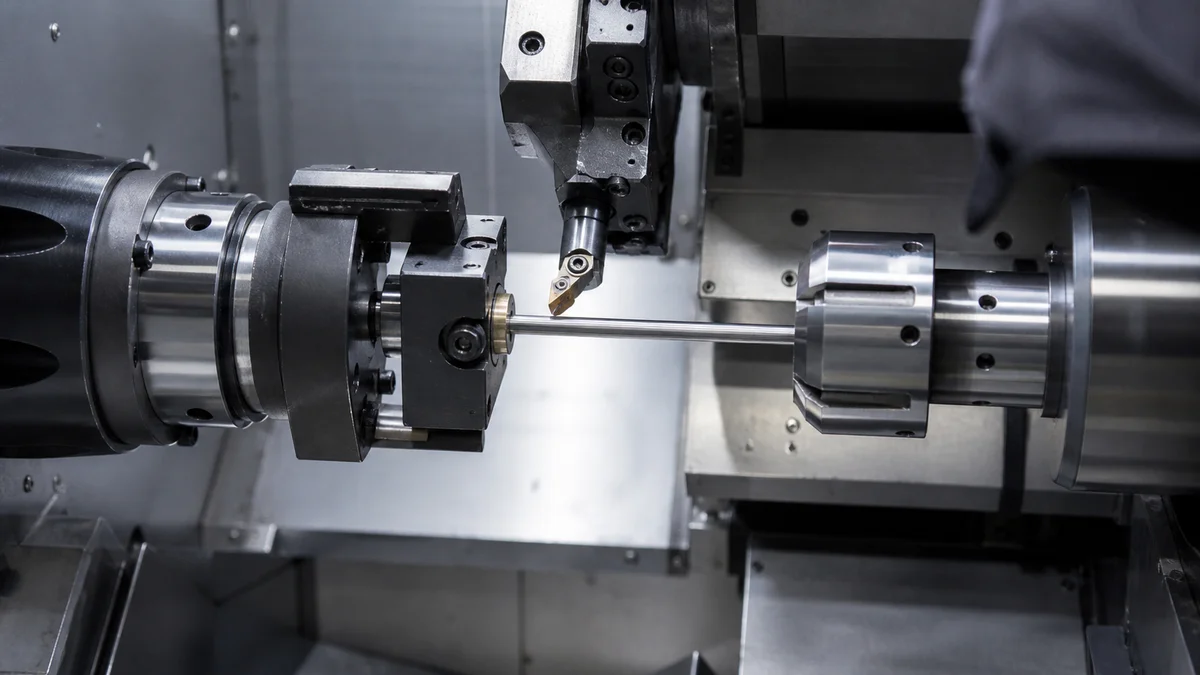 Slender bar supported beside a cutting tool and a short turned blank held in a collet.
