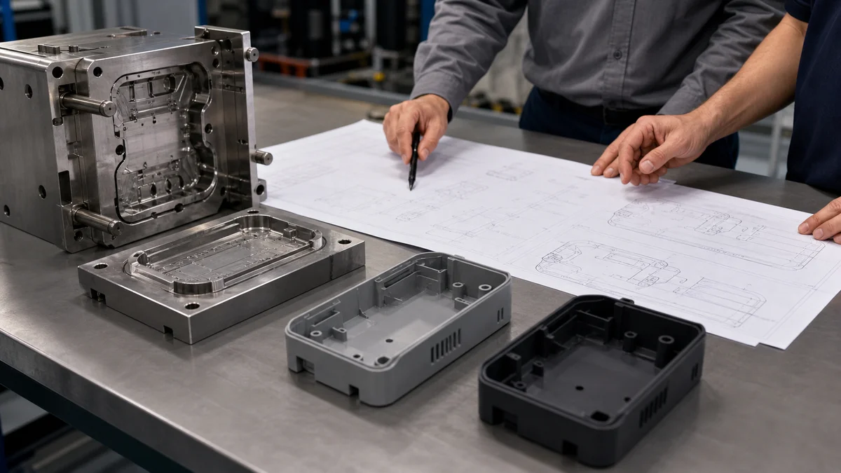 Mold insert and two molded housing revisions arranged beside non-readable engineering drawings.