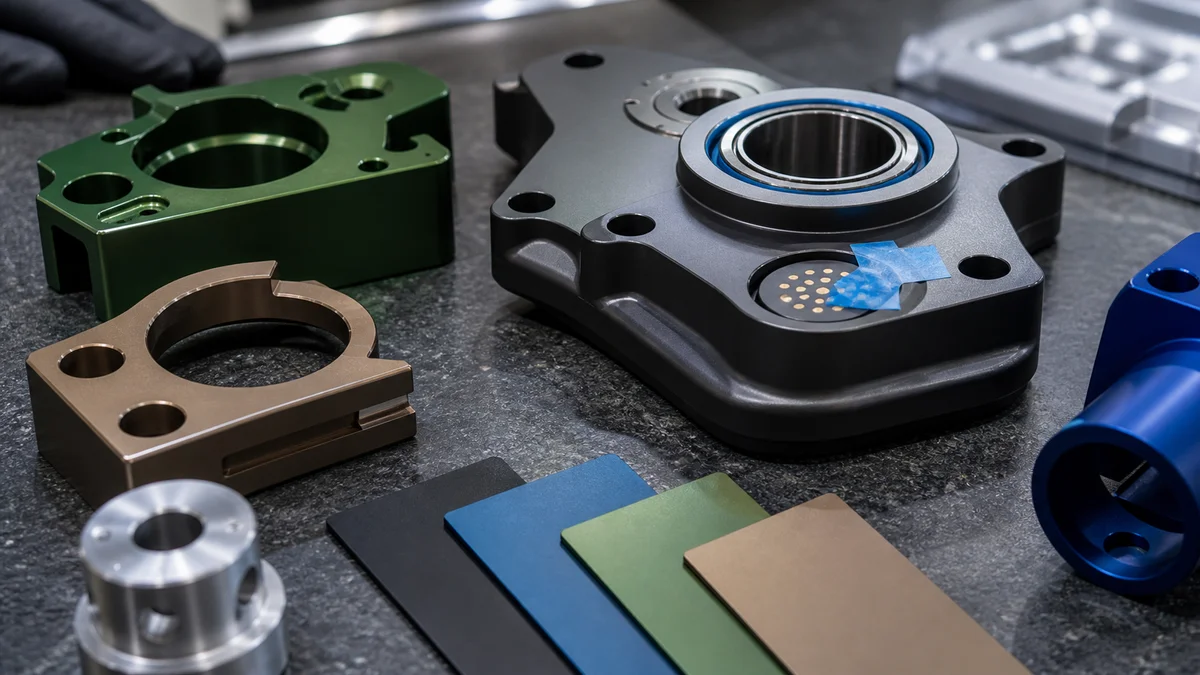 Anodized Surface and Masked Bore Anodized machined aluminum parts with a visible masked bearing bore and protected contact area.