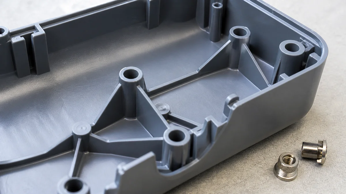 Cored Boss Supports Cored fastening bosses supported by ribs inside a molded plastic cover.