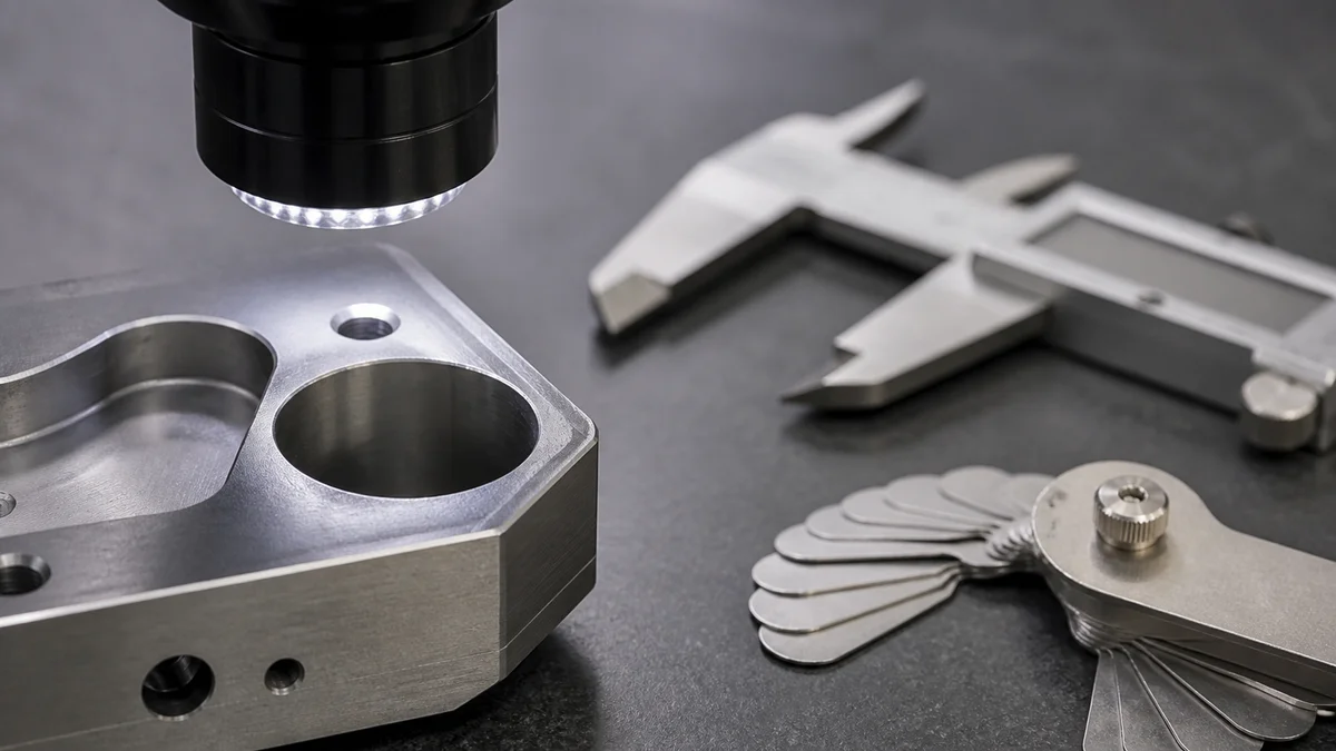 Machined component edge examined with an optical lens beside calipers and radius gauges.