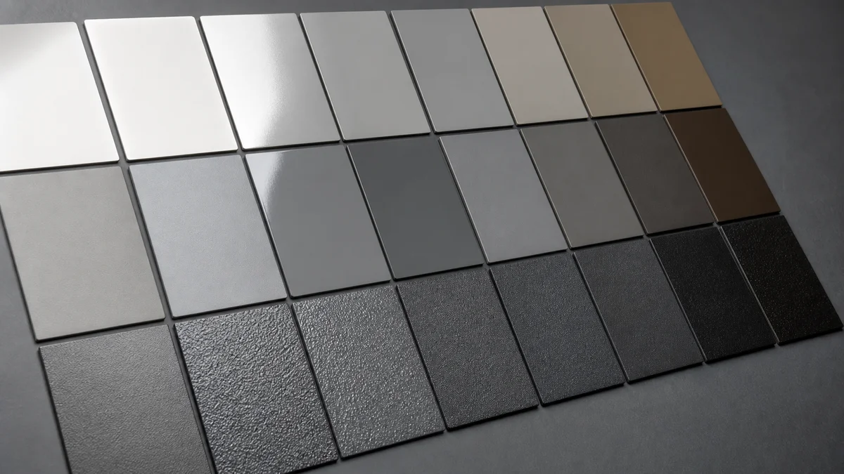 Powder-coated metal samples showing different colors, gloss levels, and surface textures.