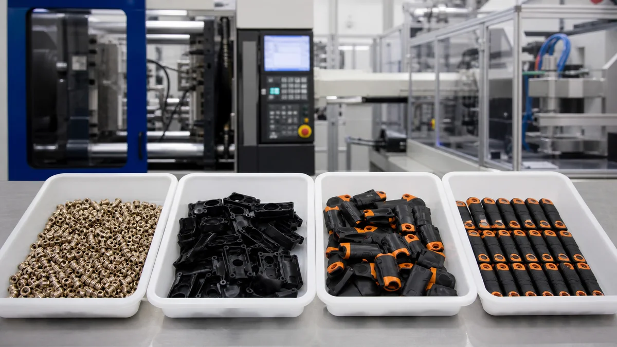 Trays of inserts, rigid substrates, completed overmolded parts, and inspection samples arranged in production order.