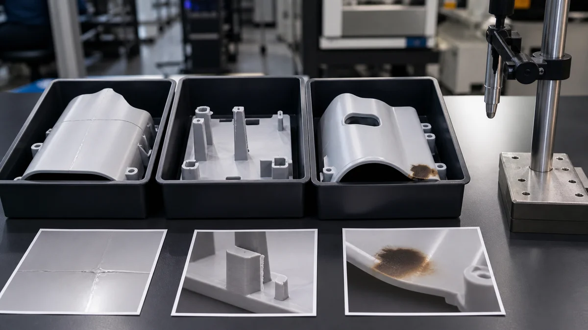 Molded Part Sample Inspection Cavity-separated molded samples undergoing visual and dimensional defect inspection.