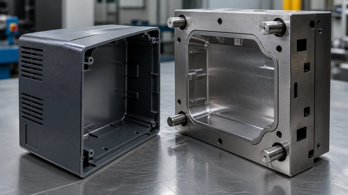 Drafted Molded Walls Tapered molded housing walls aligned with a steel mold core for ejection.
