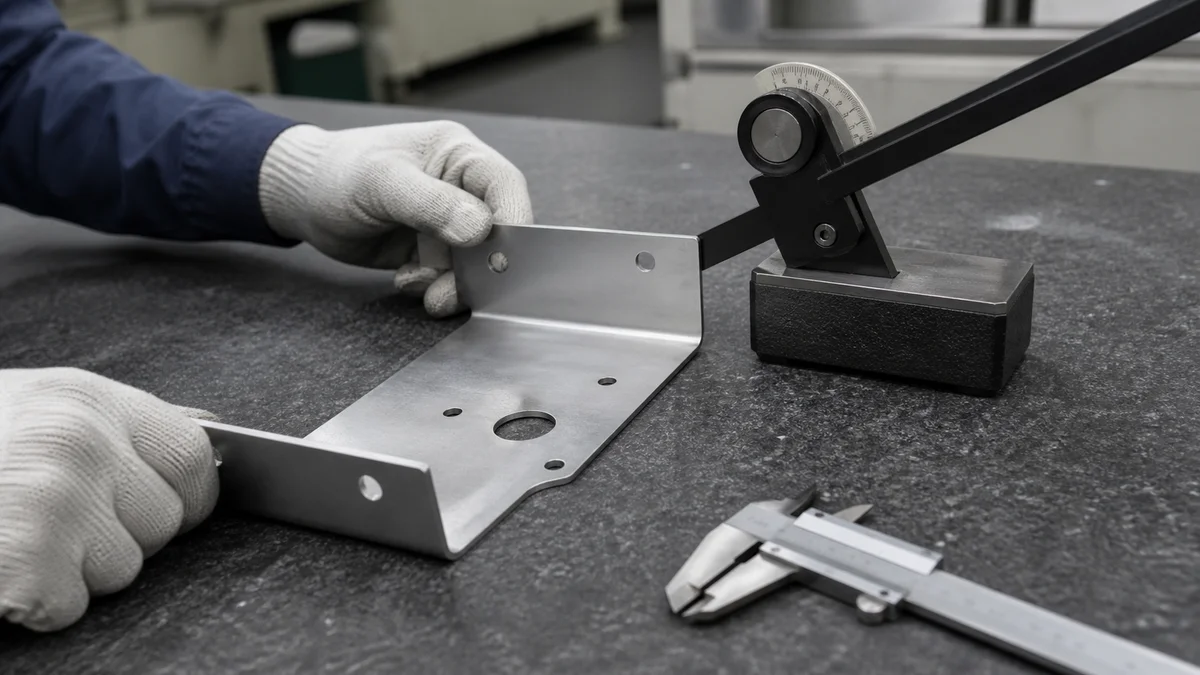 Bent sheet metal bracket on an inspection table with an angle gauge and caliper.