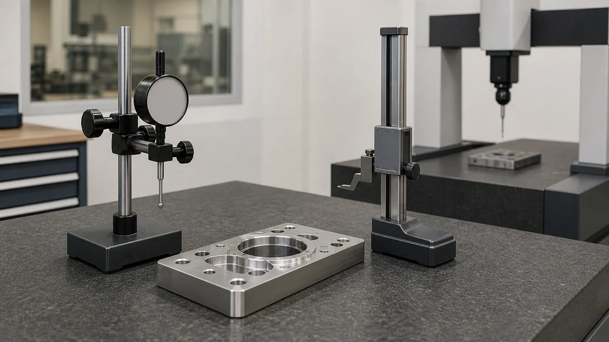 Machined planar component beside indicator, height gauge, and coordinate measurement probe.