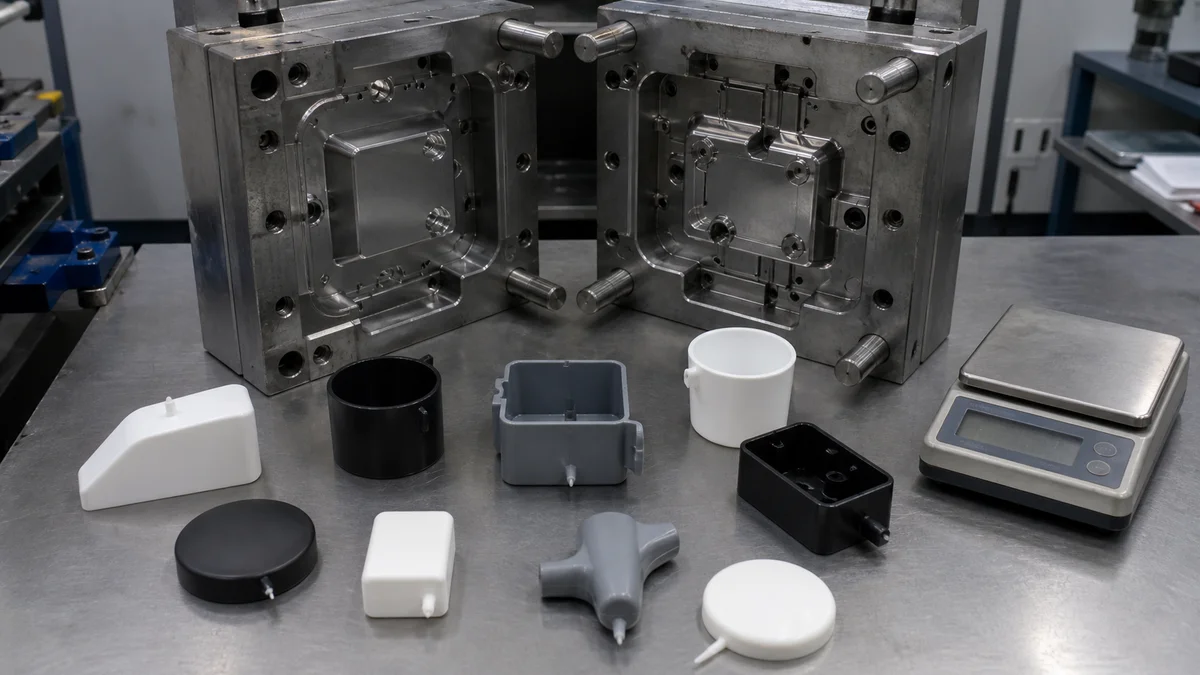 Injection mold insert and molded samples with different gate locations beside a part-weight scale.