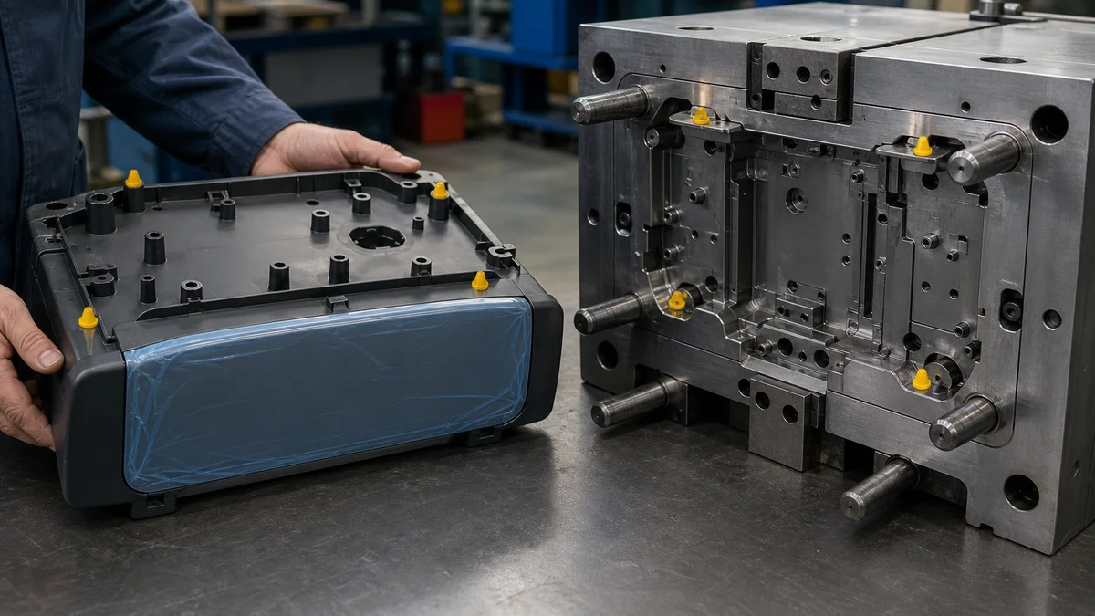 Molded plastic housing and mold insert showing rear bosses, wall transitions, and possible gate locations.